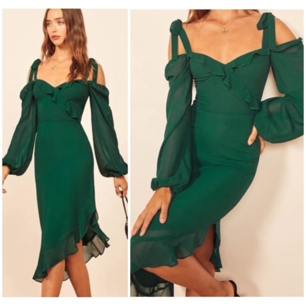 💋Reformation Elegant emerald Green Off-Shoulder Dress